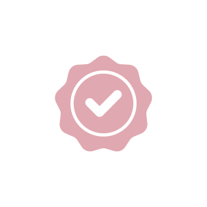 Pink badge with a checkmark on black background.