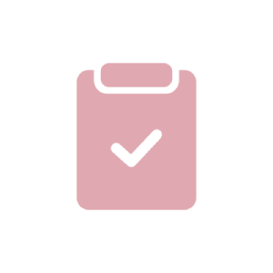 Pink clipboard with a checkmark icon.