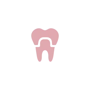 Pink tooth icon on black background.