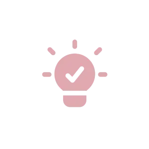 Pink lightbulb with checkmark on black background.