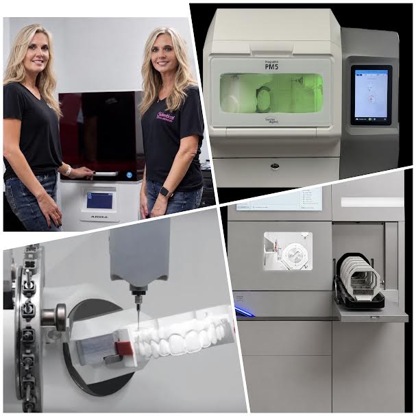Dental equipment and two women in black shirts.