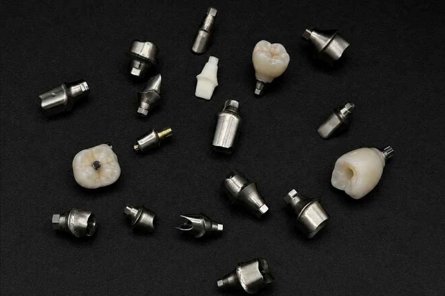 Dental implants and abutments on black background.