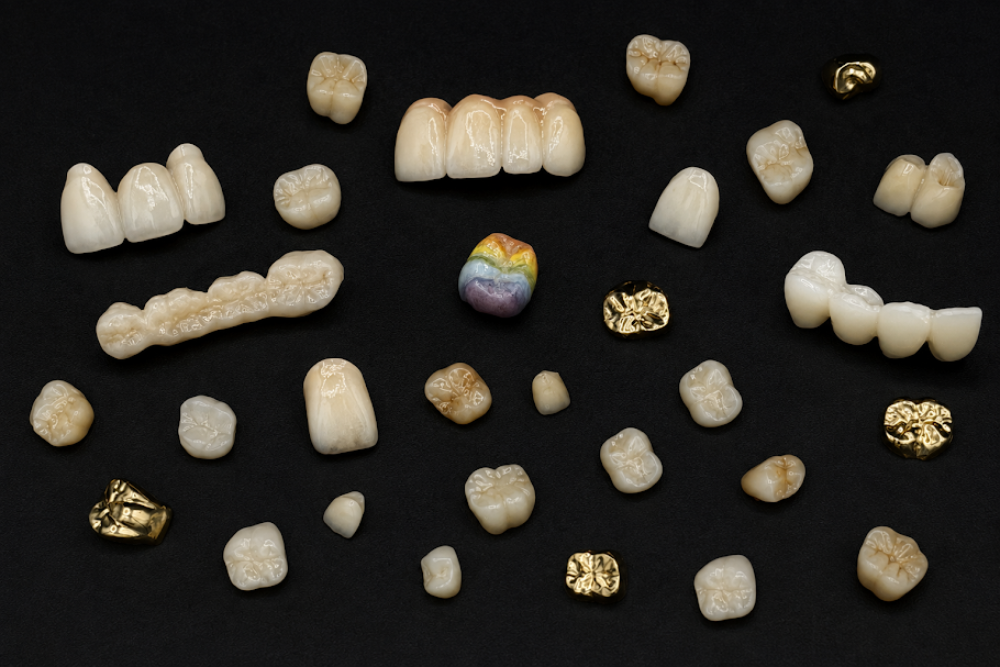 Various dental crowns on black background.